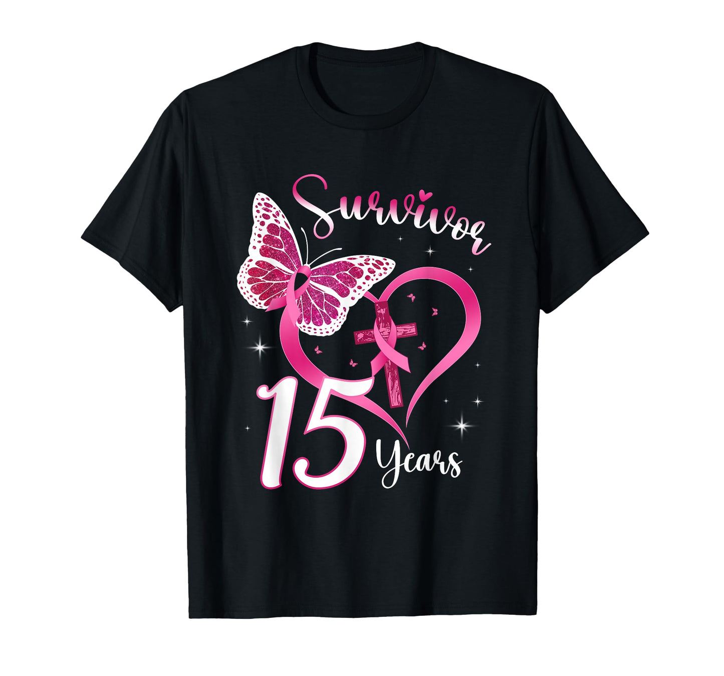 Breast Cancer Survivor Pink Ribbon Butterfly 15 Years Gift T-Shirt