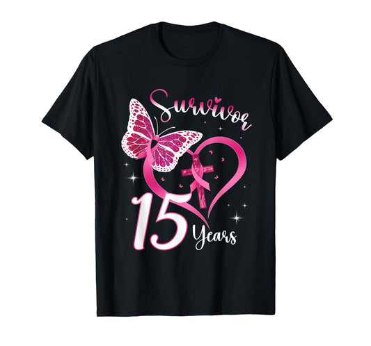 Breast Cancer Survivor Pink Ribbon Butterfly 15 Years Gift T-Shirt