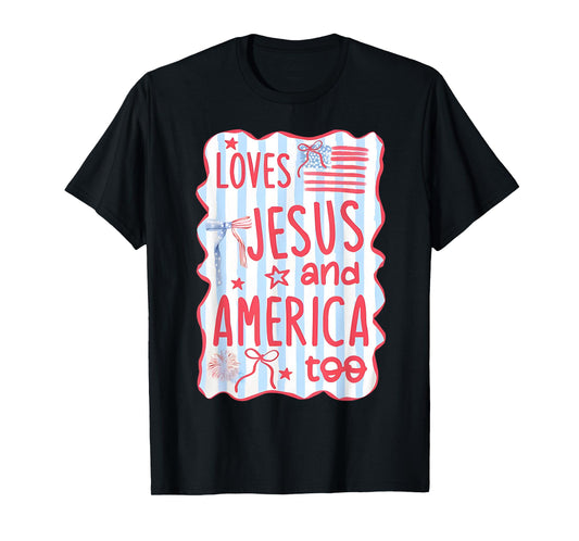 Coquette Bow Loves Jesus And America Too 4th Of July Womens T-Shirt