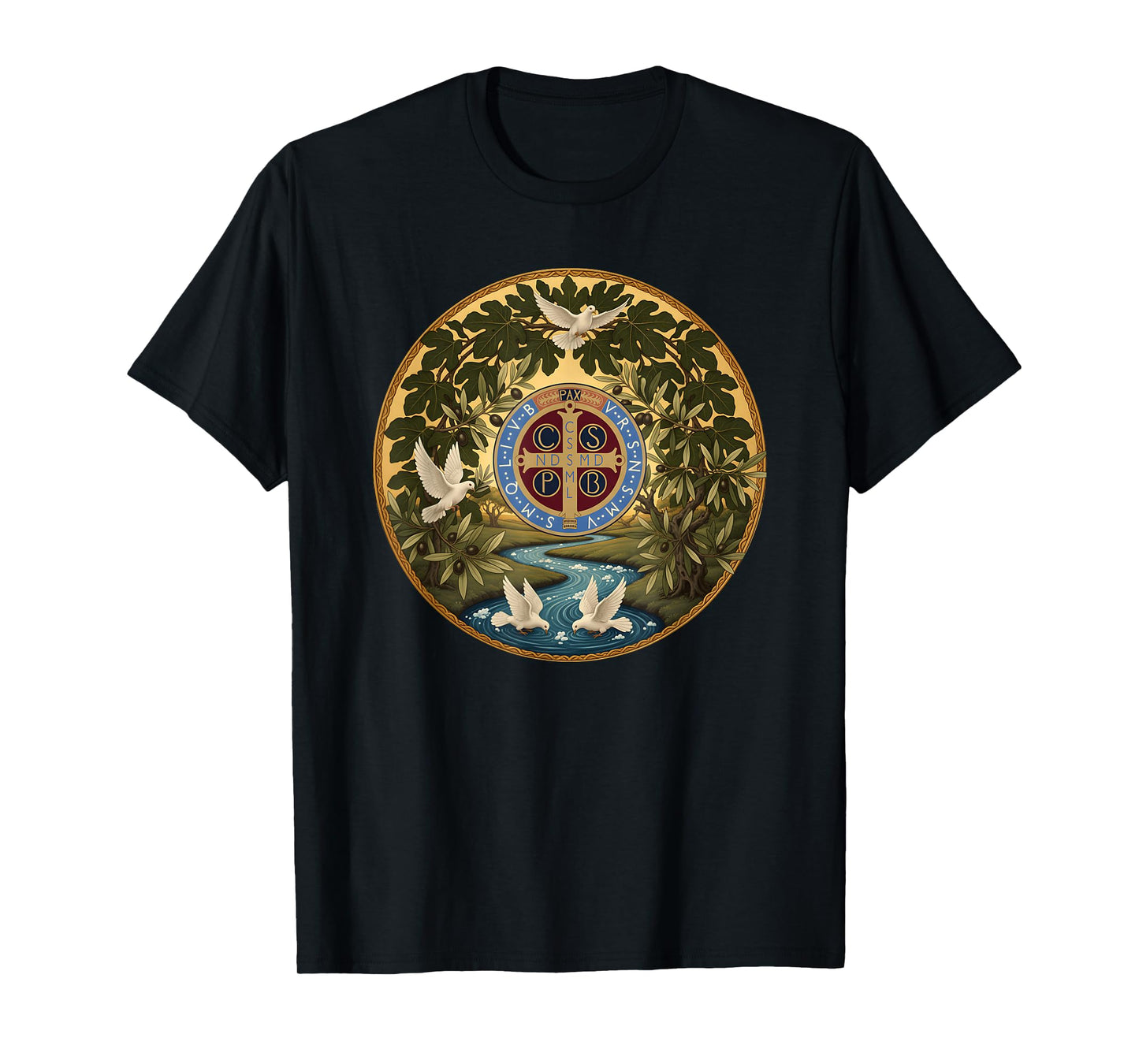 Sacred Saint Benedict Medal River Dove Fig Tree T-Shirt