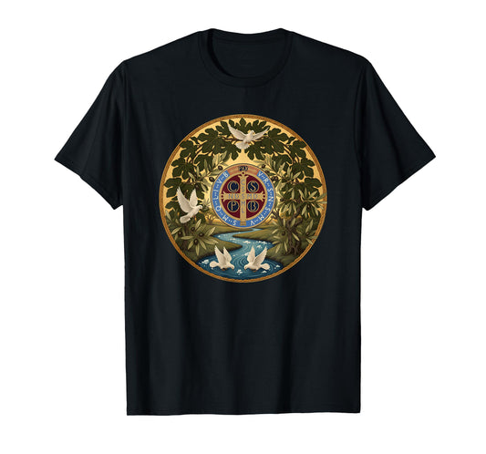 Sacred Saint Benedict Medal River Dove Fig Tree T-Shirt