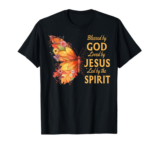 Blessed by God Loved by Jesus Fall Butterfly Christian T-Shirt