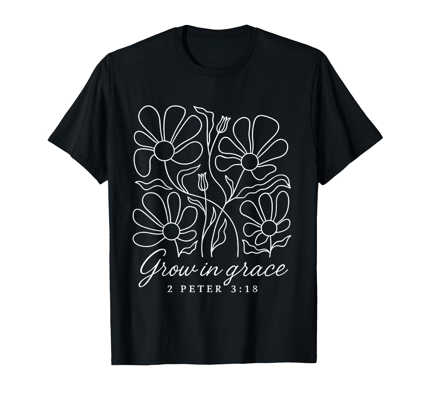Grow In Grace Boho Floral Line Art Bible Verse Christian T-Shirt