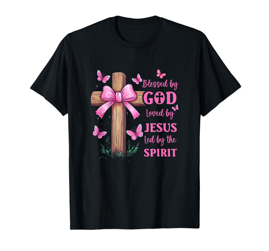 Blessed By God Loved By Jesus Pink Coquette Bow And Cross T-Shirt