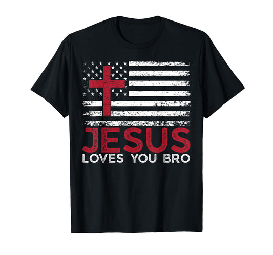 Jesus Loves You Bro Christian Faith God Religious USA Flag T-Shirt