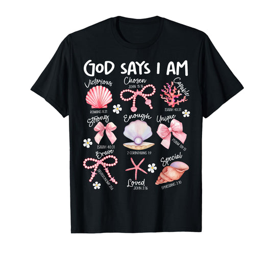 God Says I Am Christian Women Girls Kids Starfish Seashell T-Shirt