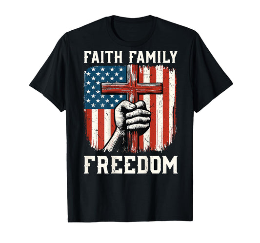 Men's Faith Family Freedom American Flag Christian Patriotic T-Shirt