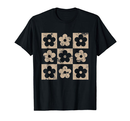 Neutral Checkerboard Daisy Flowers Retro Boho Floral Women T-Shirt