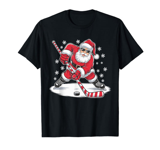 Funny Christmas Santa Playing Ice Hockey Xmas Sport T-Shirt