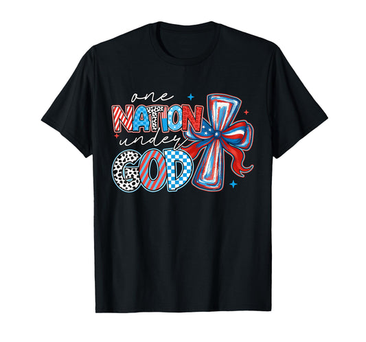 One Nation Under God USA Flag Cross Coquette Bow 4th Of July T-Shirt