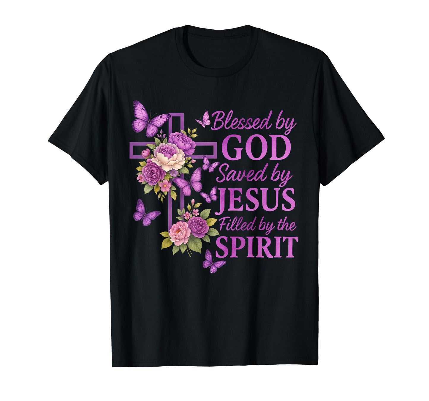Blessed by God Saved by Jesus Purple Floral Cross Christian T-Shirt