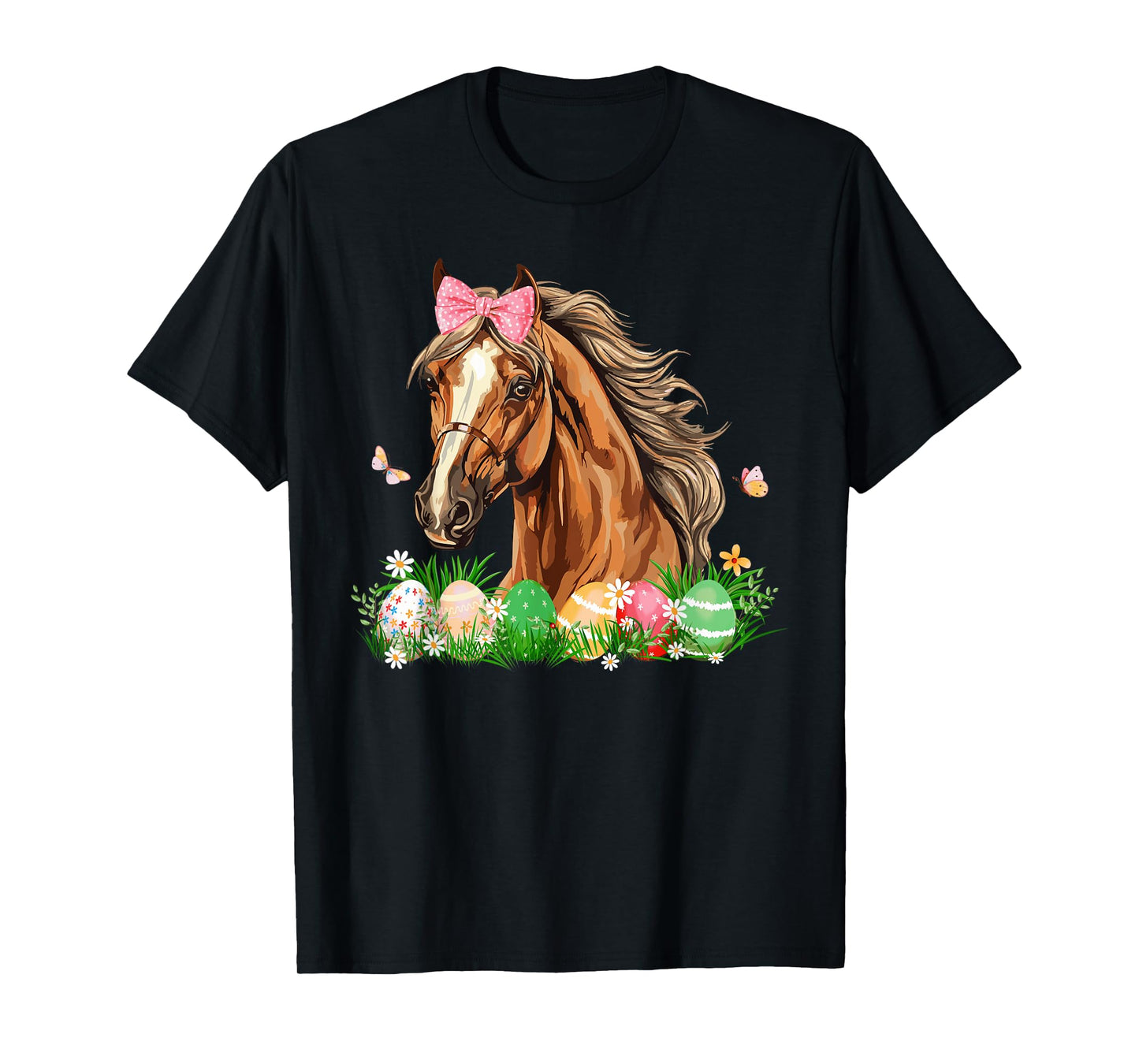 Cute Horse With Bow Easter Eggs Easter Day Kids Girls Women T-Shirt