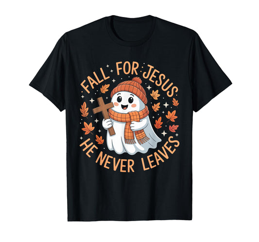 Fall for Jesus He Never Leave Cute Ghost Retro Halloween T-Shirt