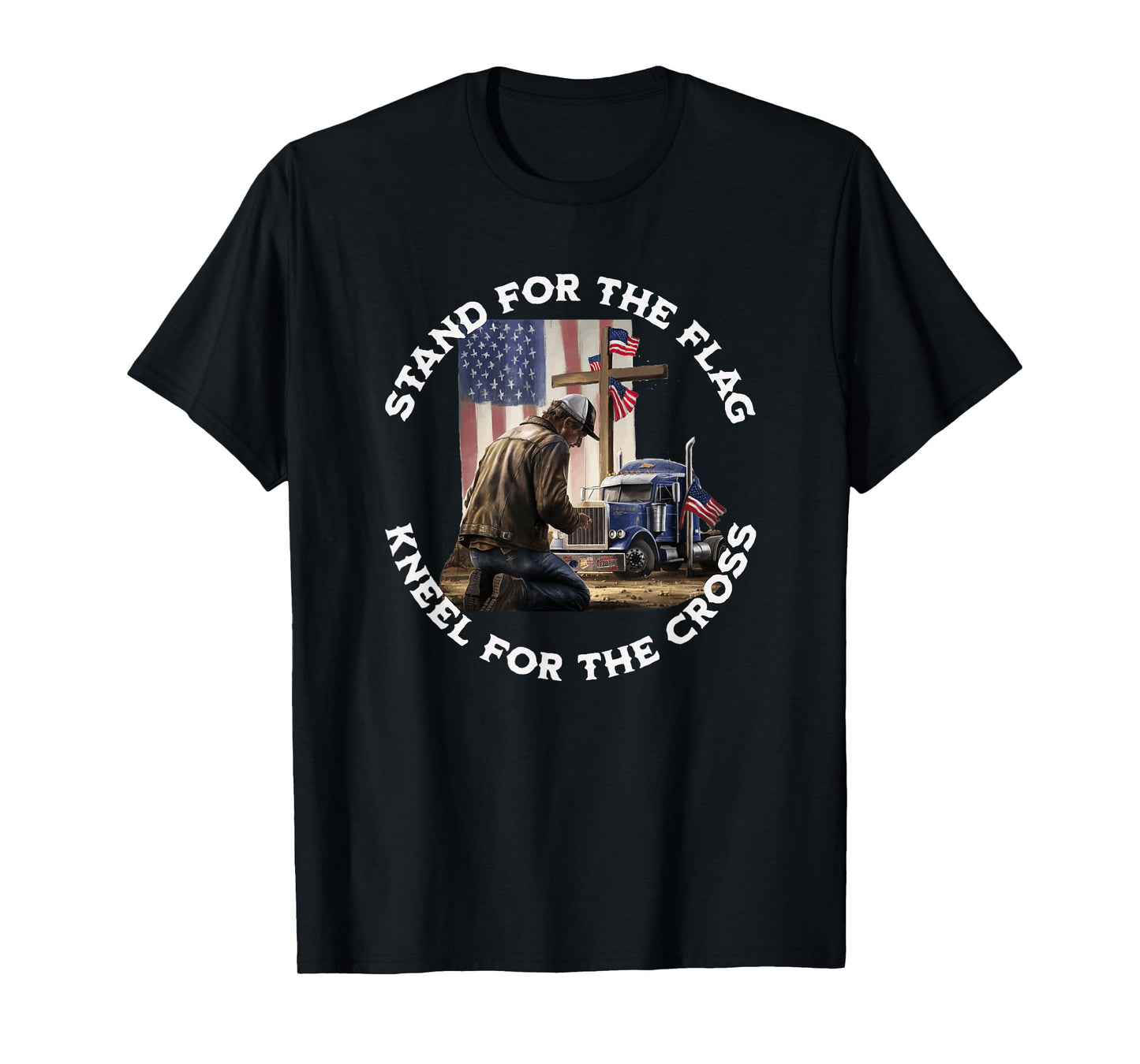 American Trucker Praying At The Cross & US Flag Christian T-Shirt