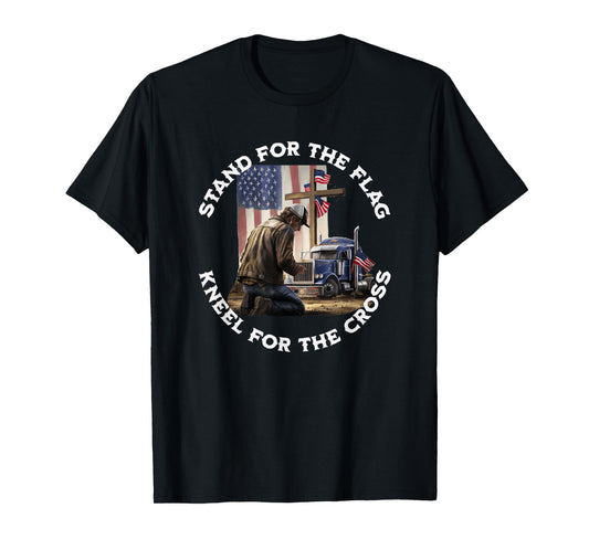 American Trucker Praying At The Cross & US Flag Christian T-Shirt
