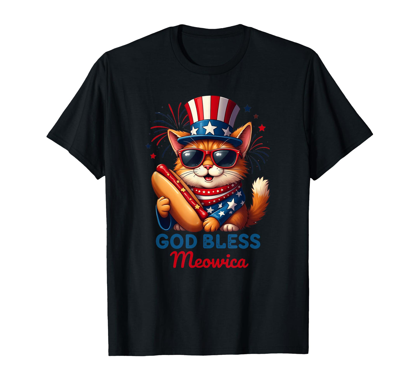 4th of July Hotdog Cat Funny Patriotic Cat USA Flag MEOWICA T-Shirt for Men Women Kids