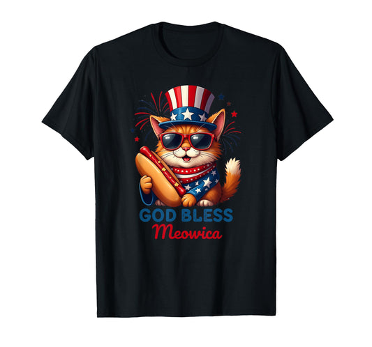 4th of July Hotdog Cat Funny Patriotic Cat USA Flag MEOWICA T-Shirt for Men Women Kids