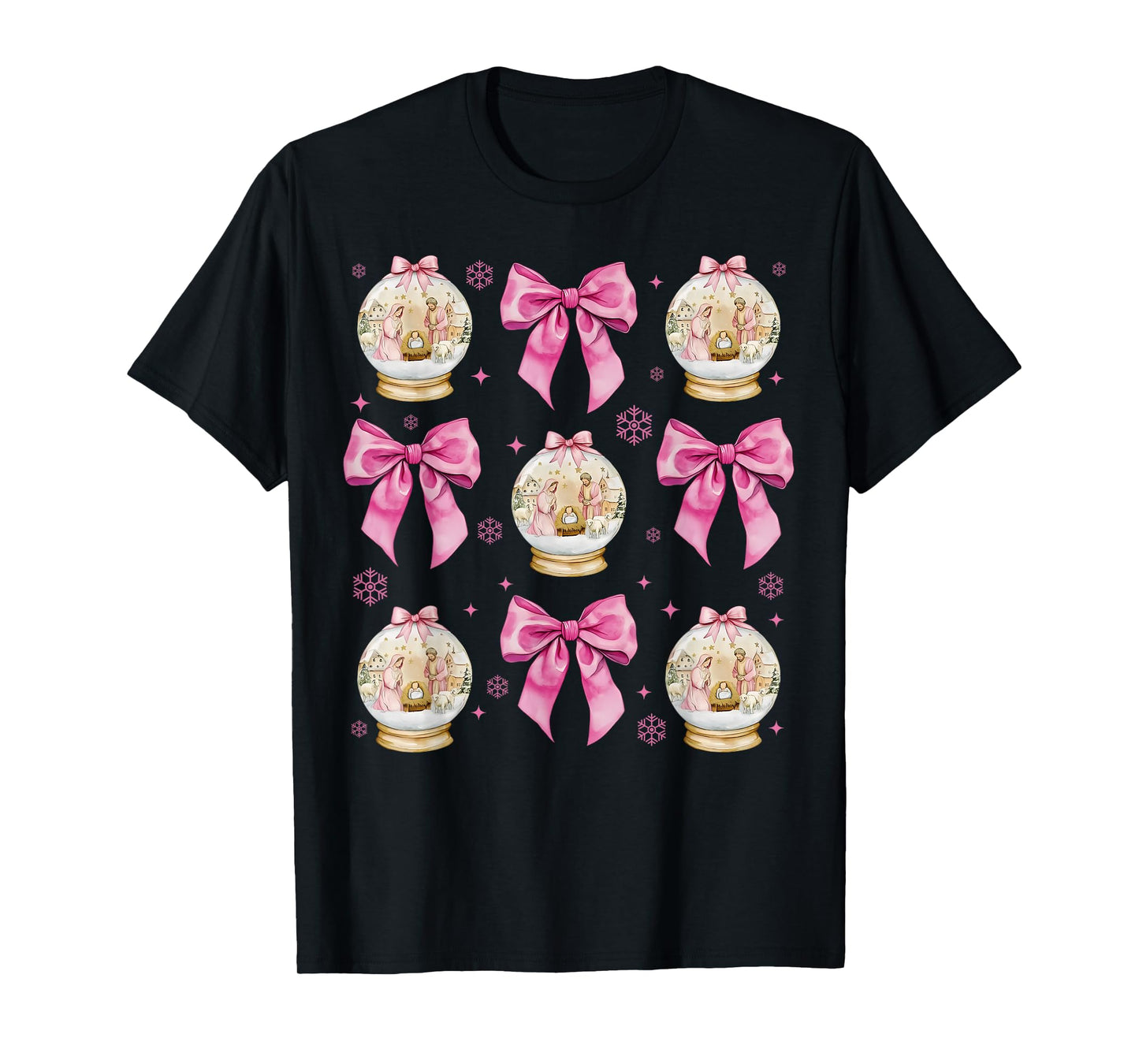 Jesus Nativity Scene Pink Coquette Bow Snow Globe Christian T-Shirt