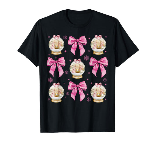 Jesus Nativity Scene Pink Coquette Bow Snow Globe Christian T-Shirt