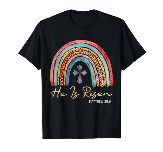 He Is Risen Easter Jesus Christian Cross Rainbow Teens Kids T-Shirt