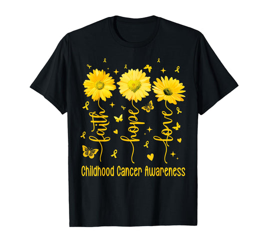 Faith Hope Love Gold Daisy Flower Childhood Cancer Awareness T-Shirt