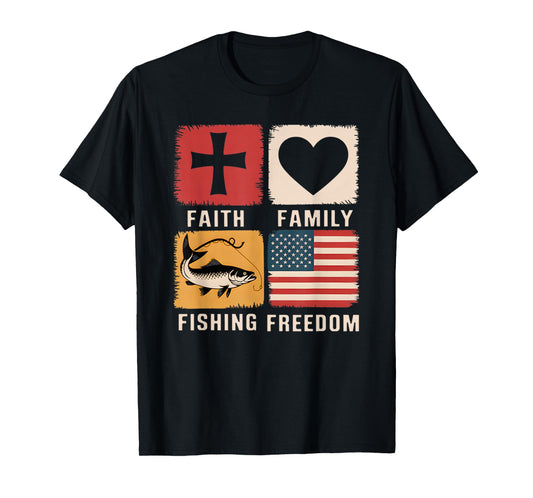 Vintage Faith, Family, Fishing, Freedom Patriotic USA Flag T-Shirt