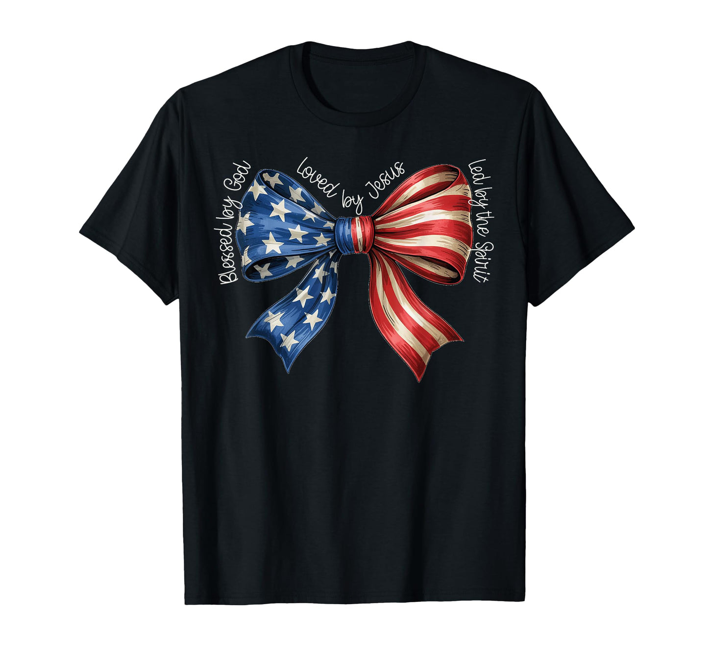 Blessed By God Loved By Jesus American Flag Coquette Bow T-Shirt