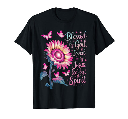Blessed by God Loved by Jesus Pink Sunflower Faith Christian T-Shirt