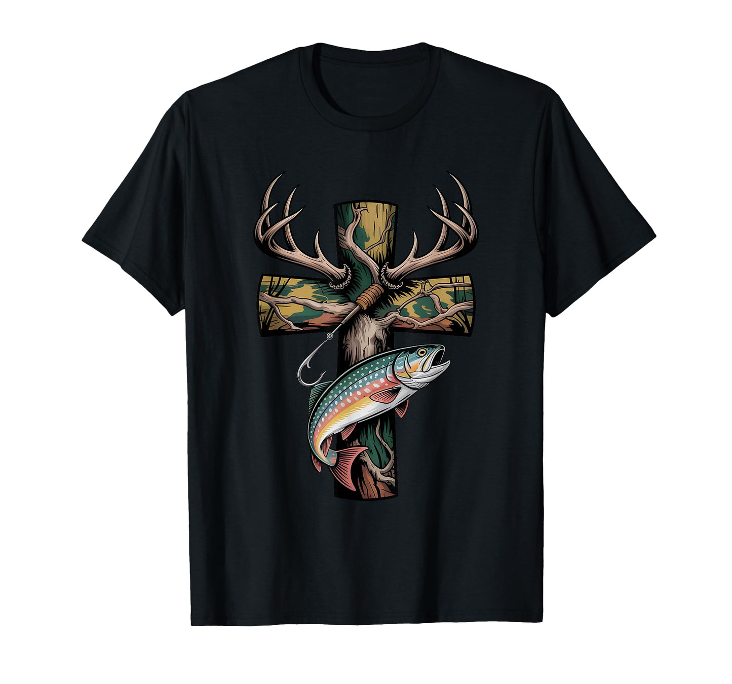 Faith Fishing Hunting Camo Cross with Hook Bass Christian T-Shirt