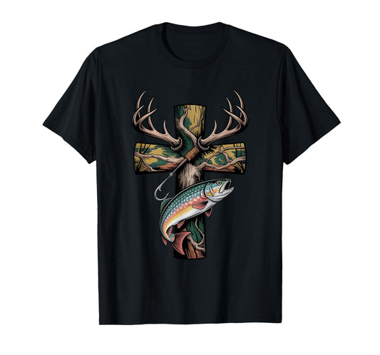 Faith Fishing Hunting Camo Cross with Hook Bass Christian T-Shirt