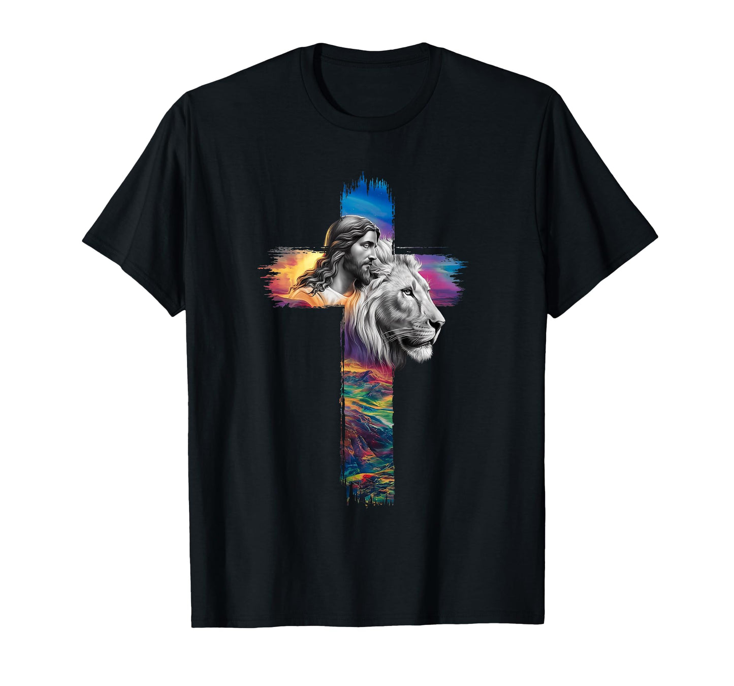 Inspirational Christian Cross Graphic Jesus Lion of Judah T-Shirt