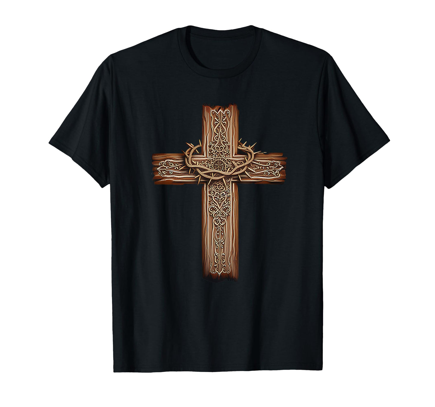 Rustic Wooden Cross Graphic Crown of Thorns Christian Faith T-Shirt