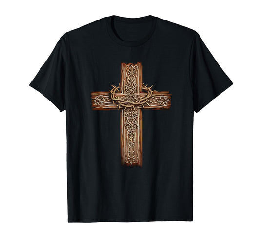 Rustic Wooden Cross Graphic Crown of Thorns Christian Faith T-Shirt