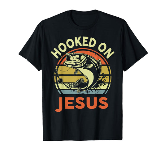 Men Hooked on Jesus Fishing Dad Funny Bass Fishing Christian T-Shirt