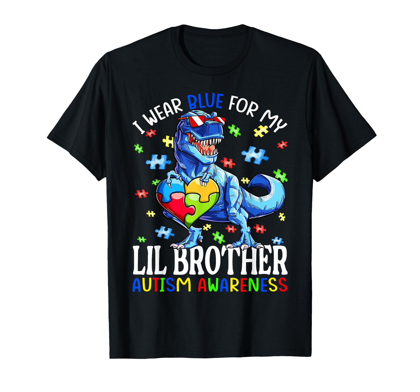 I Wear Blue For My Lil Brother Autism Awareness Dinosaur T-Shirt