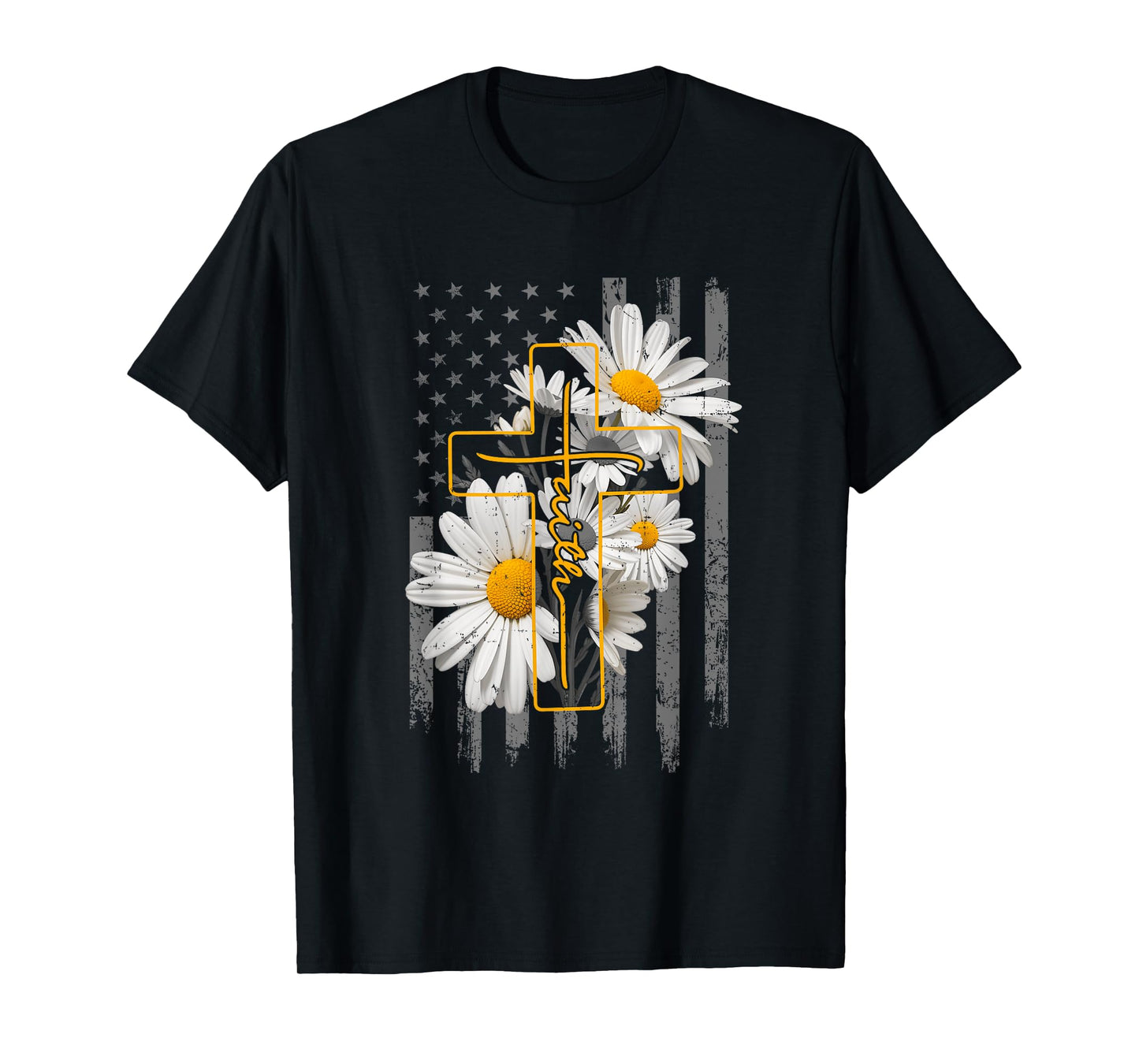 Love Faith Daisy Flowers Cross Flag Christian For Women T-Shirt