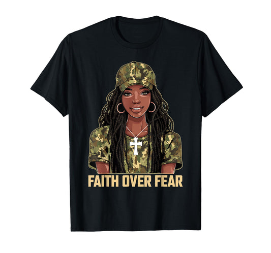 Faith Over Fear Christian Camo African American Afro Women T-Shirt