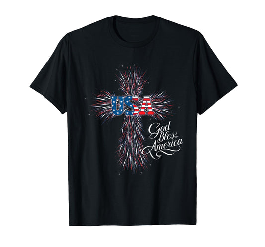 USA God Bless America Patriotic Fireworks Cross Women Men T-Shirt