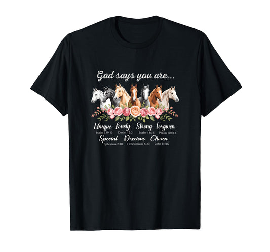 God Says You are Religious Inspirational Horse Lover Black T-Shirt