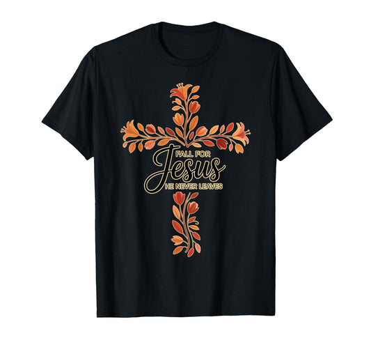 Fall for Jesus Cross with Floral Leaves Christian T-Shirt