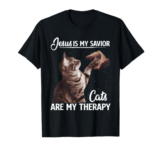 Retro Jesus Is My Savior Cats Are My Therapy God Believers T-Shirt
