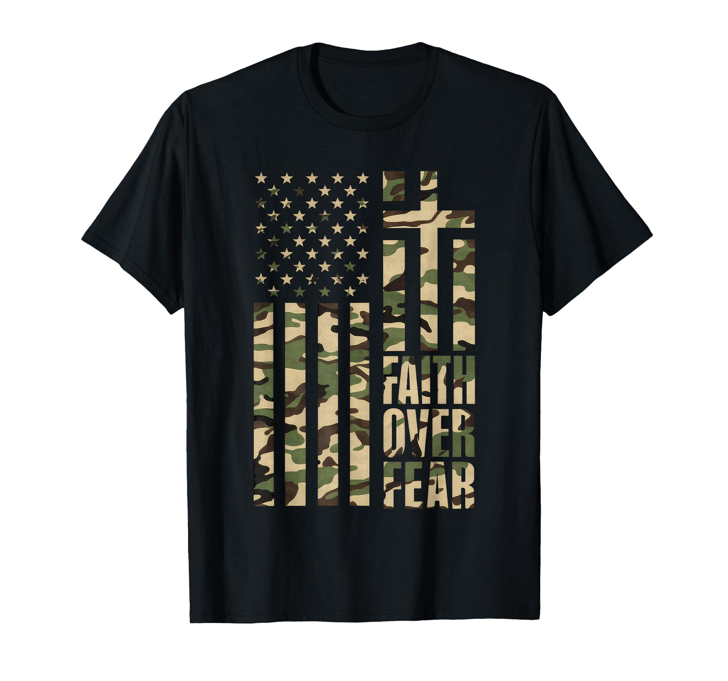 Christian USA Flag Cross Back Print Faith Over Fear Top T-Shirt