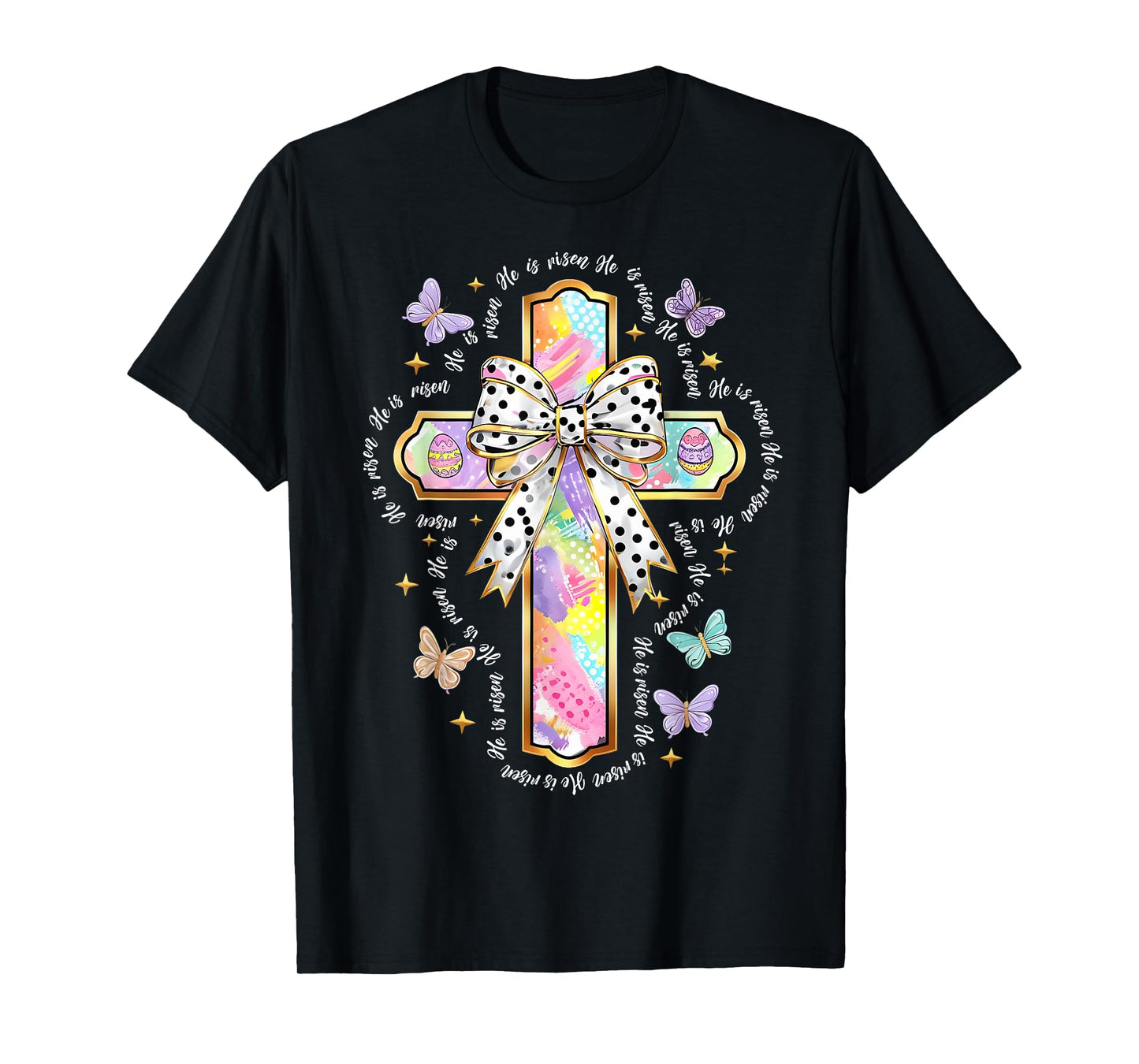 HUG.Artist Tees for Easter Day Unisex-Adults & Kids Christian Religious T-Shirt He Is Risen Easter Floral Cross Jesus T-Shirt Black Small