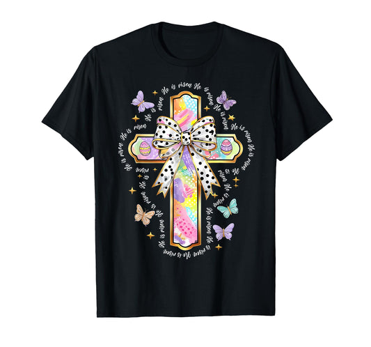 HUG.Artist Tees for Easter Day Unisex-Adults & Kids Christian Religious T-Shirt He Is Risen Easter Floral Cross Jesus T-Shirt Black Small