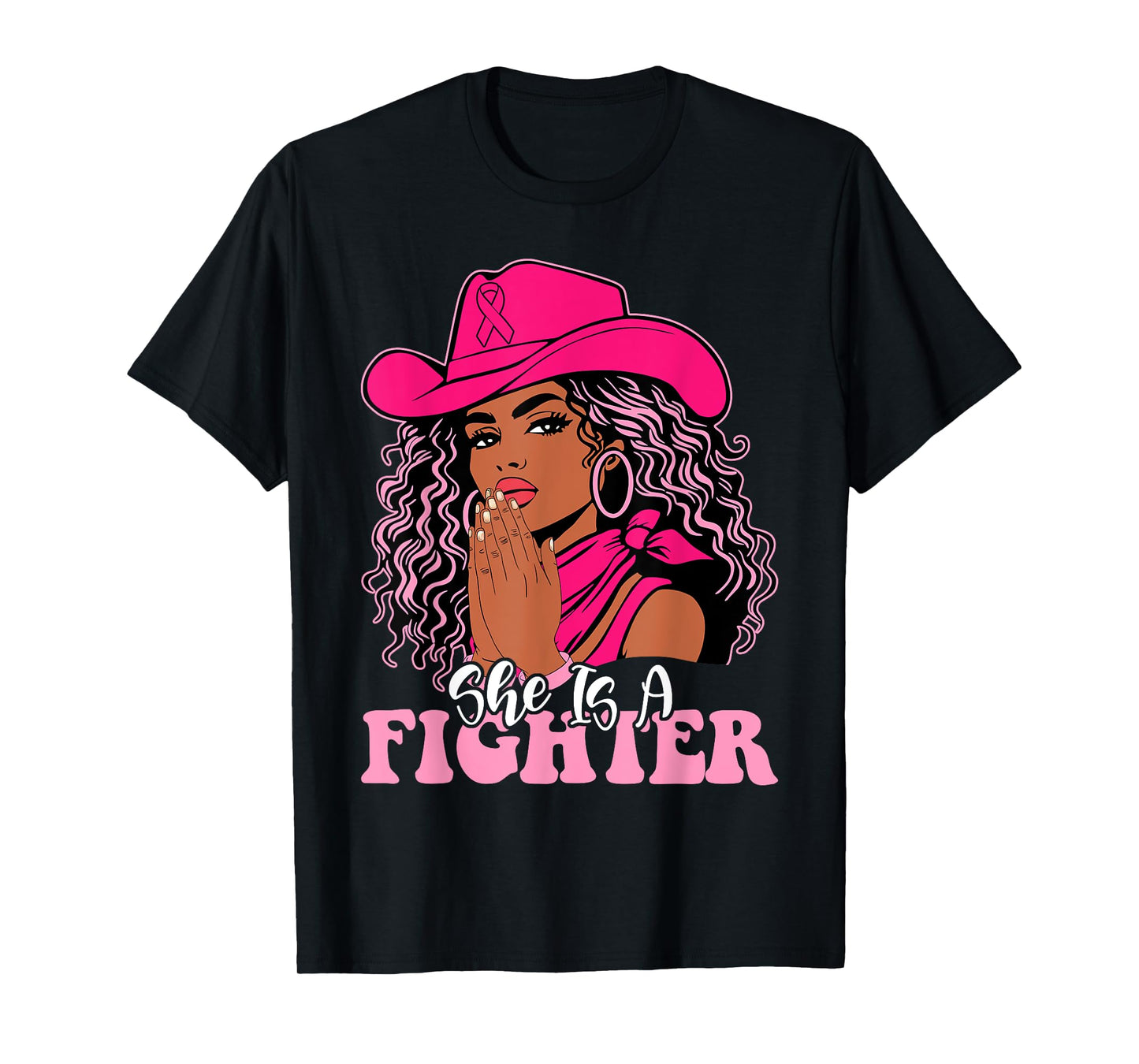 She is a Fighter Praying Black Cowgirl Afro Breast Cancer T-Shirt
