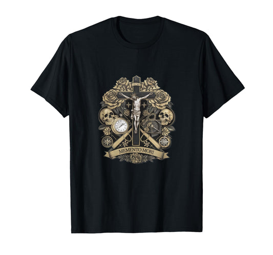 Memento Mori Catholic Crucifix Traditional Latin Mass Skull T-Shirt