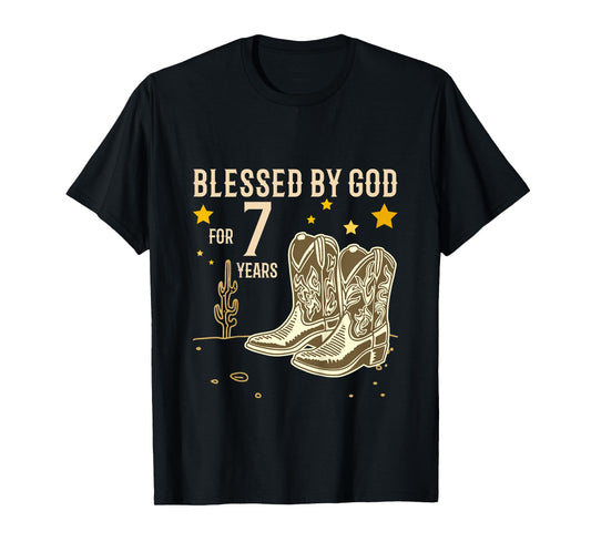 Kids Vintage Blessed by God for 7 Years Cowboy 7th Birthday Boy T-Shirt