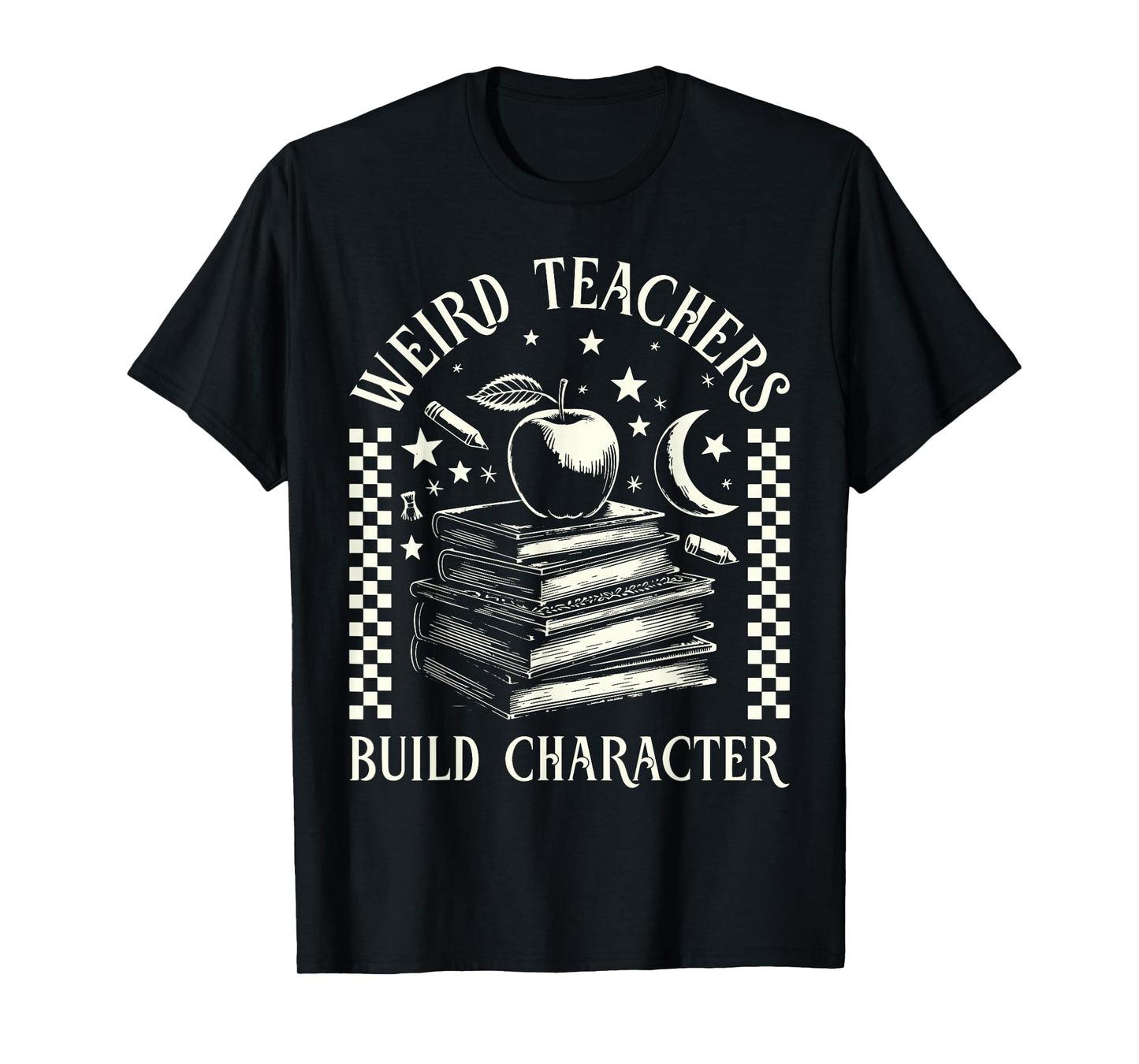 Retro Weird Teachers Build Character Book Stars Moon Teacher T-Shirt