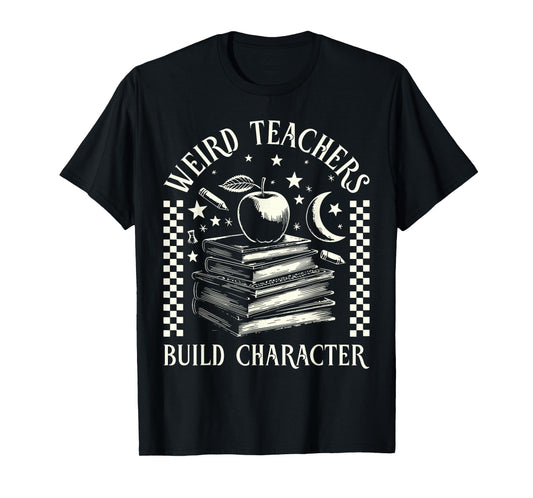 Retro Weird Teachers Build Character Book Stars Moon Teacher T-Shirt