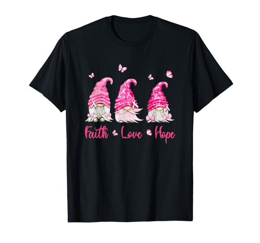 Faith Hope Love Gnome Breast Cancer Awareness Pink Ribbon T-Shirt
